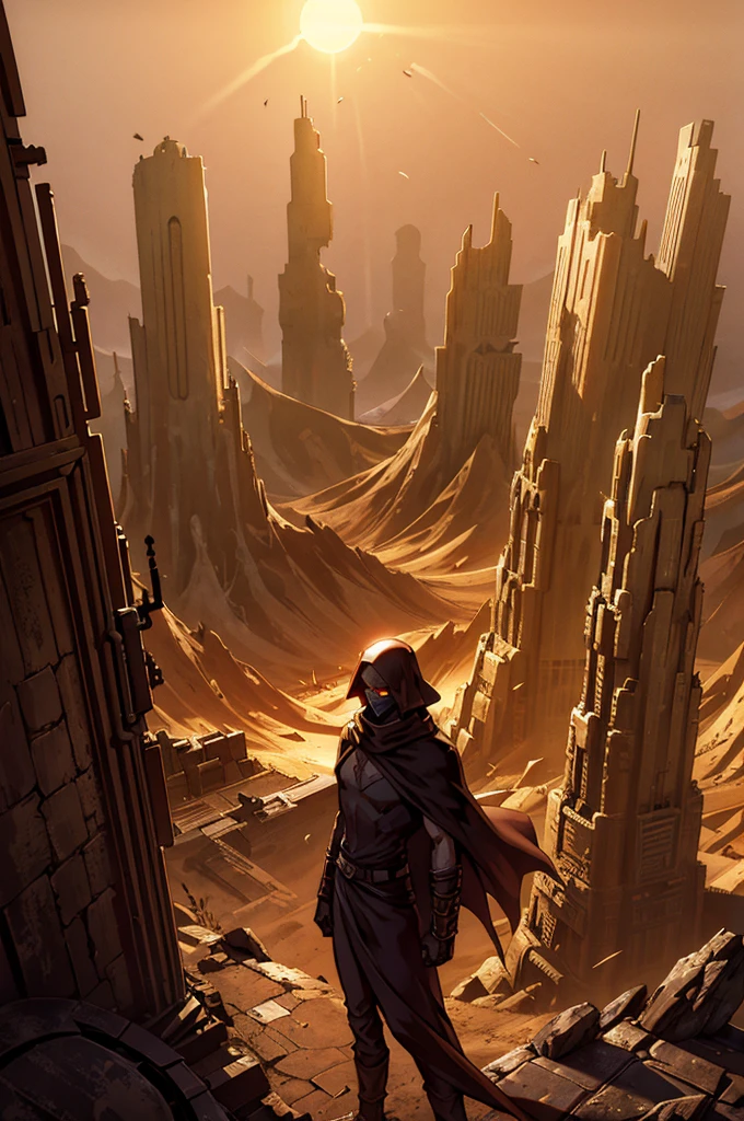 A cloaked elf runner in desert gear, standing atop a crumbling skyscraper, with the wind whipping sand around. The high-tech mask glows faintly as the elf surveys a city buried in dunes, where broken glass and rusted metal structures poke through the sands. The tattered cloak blends into the dusty, sun-scorched environment, creating a haunting silhouette against the desolate horizon.