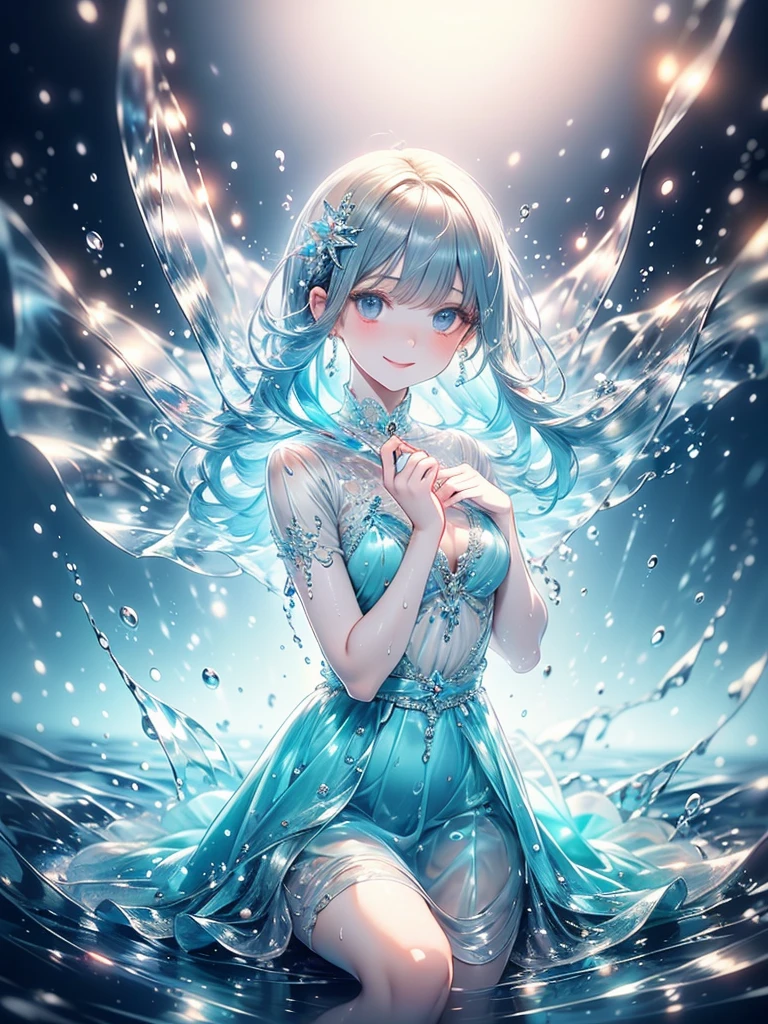 (fluid art),(master piece),(8k anime),high quality,(perfect anatomy),(small breasts),(1 beautiful girl),(solo),long silver hair,pale skin,smile,beautiful detailed blue eyes, (Highly detailed elegant),(see-through dress),((transparent dress)),((transparent skirt)),(wet dress), Magical colors and atmosphere, Detailed skin,(cute sparkle), light particles,The background is soft and blurry,Add a dramatic and symbolic element to your scene, Depth of written boundary, Bokeh, Silky to the touch, Hyper Detail,girl is sitting on the water,beautiful blue water,create an ethereal atmosphere like a dream,film lighting,cowboy shot