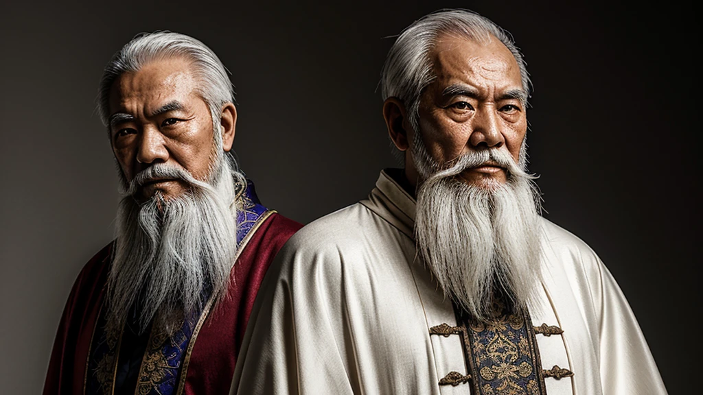 "Full-body image of an elderly Chinese man with a long white beard, wearing a long cloak. His face is lifelike with sharp eyes and a determined look."