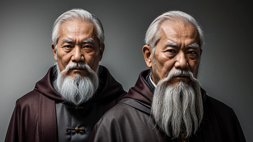 "Full-body image of an elderly Chinese man with a long white beard, wearing a long cloak. His face is lifelike with sharp eyes and a determined look."
