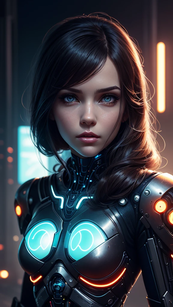 a woman with long hair and a futuristic outfit, portrait beautiful sci - fi girl, dreamy cyberpunk girl, beutiful girl cyborg, 4k highly detailed digital art, beautiful digital artwork, wlop. scifi, beautiful cyberpunk girl face, cyborg girl, cyborg - girl, 4k detailed digital art, cute cyborg girl, artgerm julie bell beeple