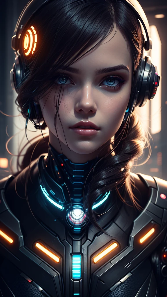 a woman with long hair and a futuristic outfit, portrait beautiful sci - fi girl, dreamy cyberpunk girl, beutiful girl cyborg, 4k highly detailed digital art, beautiful digital artwork, wlop. scifi, beautiful cyberpunk girl face, cyborg girl, cyborg - girl, 4k detailed digital art, cute cyborg girl, artgerm julie bell beeple