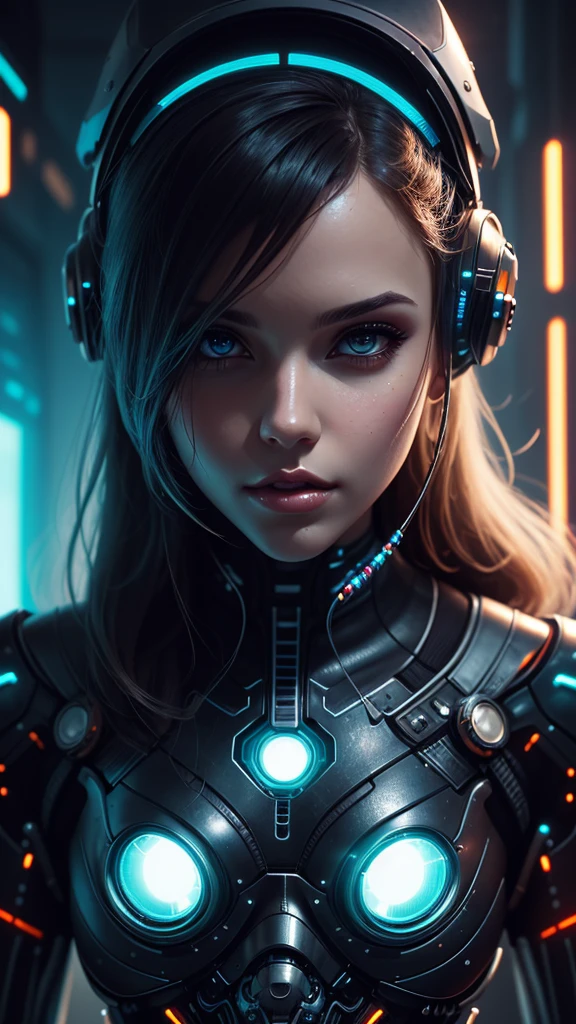 a woman with long hair and a futuristic outfit, portrait beautiful sci - fi girl, dreamy cyberpunk girl, beutiful girl cyborg, 4k highly detailed digital art, beautiful digital artwork, wlop. scifi, beautiful cyberpunk girl face, cyborg girl, cyborg - girl, 4k detailed digital art, cute cyborg girl, artgerm julie bell beeple