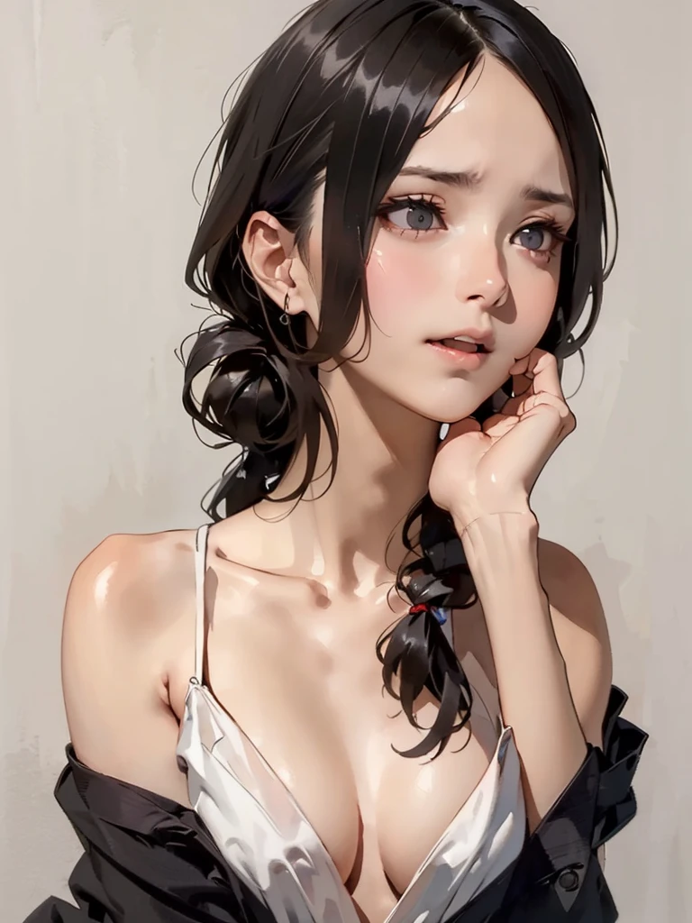 {(masterpiece,best quality, 8K UHD, extremely detailed CG, detailed beautiful face and eyes and skin and hair),(beautiful like picture:1.1)},{light blue backgroundl:1.4},BREAK,{(watercolor image:1.2),sketch,bright colors overall,gentle color},{Simple configuration:1.1},{erotic face,anguish,(painful:1.1),(very very ecstasy:1.2),(writhing:1.4),embarrassing}, BREAK,{solo girl,black hair,braid hair intricately,black glowing eyes},{yukata,(open clothes:1.2)},(Show shoulders:1.4),profile}