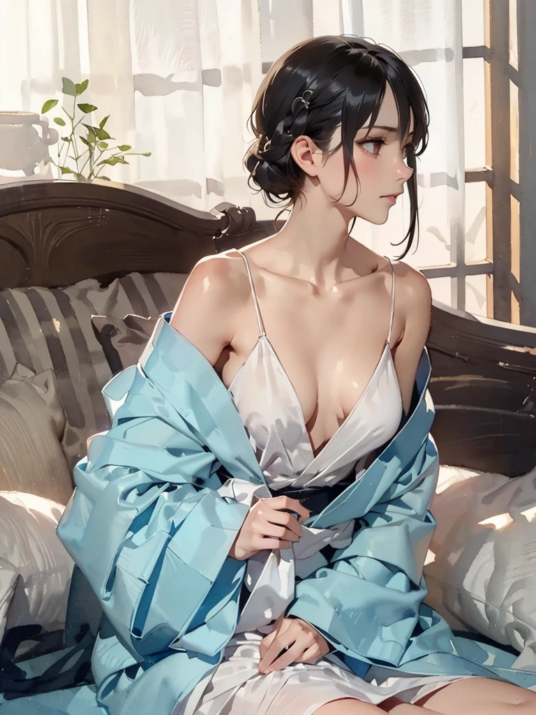 {(masterpiece,best quality, 8K UHD, extremely detailed CG, detailed beautiful face and eyes and skin and hair),(beautiful like picture:1.1)},{light blue backgroundl:1.4},BREAK,{(watercolor image:1.2),sketch,bright colors overall,gentle color},{Simple configuration:1.1},{erotic face,anguish,(painful:1.1),(very very ecstasy:1.2),(writhing:1.4),embarrassing}, BREAK,{solo girl,black hair,braid hair intricately,black glowing eyes},{yukata,(open clothes:1.2)},(Show shoulders:1.4),profile}
