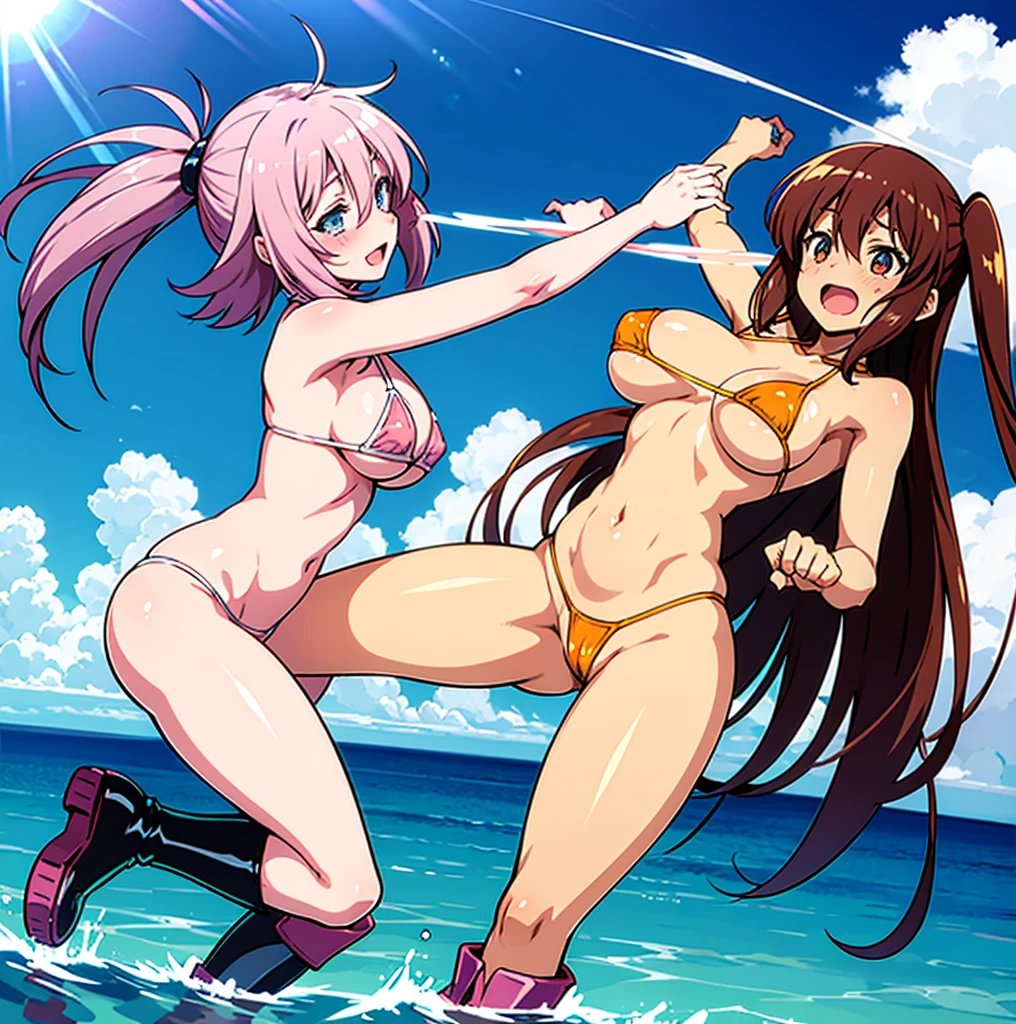 some pretty anime characters fighting over water with one another over the top of them a sun blushing lewd face while wearing very tight boots micro bikini