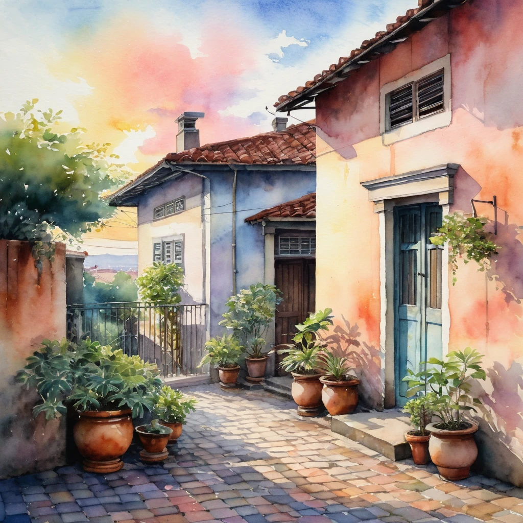 In a watercolor landscape filled with ennui, the afternoon sun casts a soft glow, signaling the approach of sunset. The scene is awash with soft colors, reflecting an absent-minded warmth. In South America, a residential street comes alive with color: cobblestones, an old house, and plants in pastel tones evoke a romantic tranquility. A sense of nostalgia permeates as sunlight and shadows dance over roof tiles, a wooden door, and an iron balcony. Faint light and soft clouds contribute to the calm, while the elegant sky of 夕sunsetの空 gently permeates the scene.