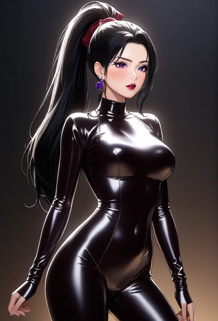 a hot sexy beautiful milf mom, jhumka earrings, long black hair, blushing cheeks, violet eyes, dark red lipstick, full body latex suit, high ponytail, hyper realistic, 8k, photorealistic, cinematic lighting, chiaroscuro, dramatic pose, dynamic composition, masterpiece