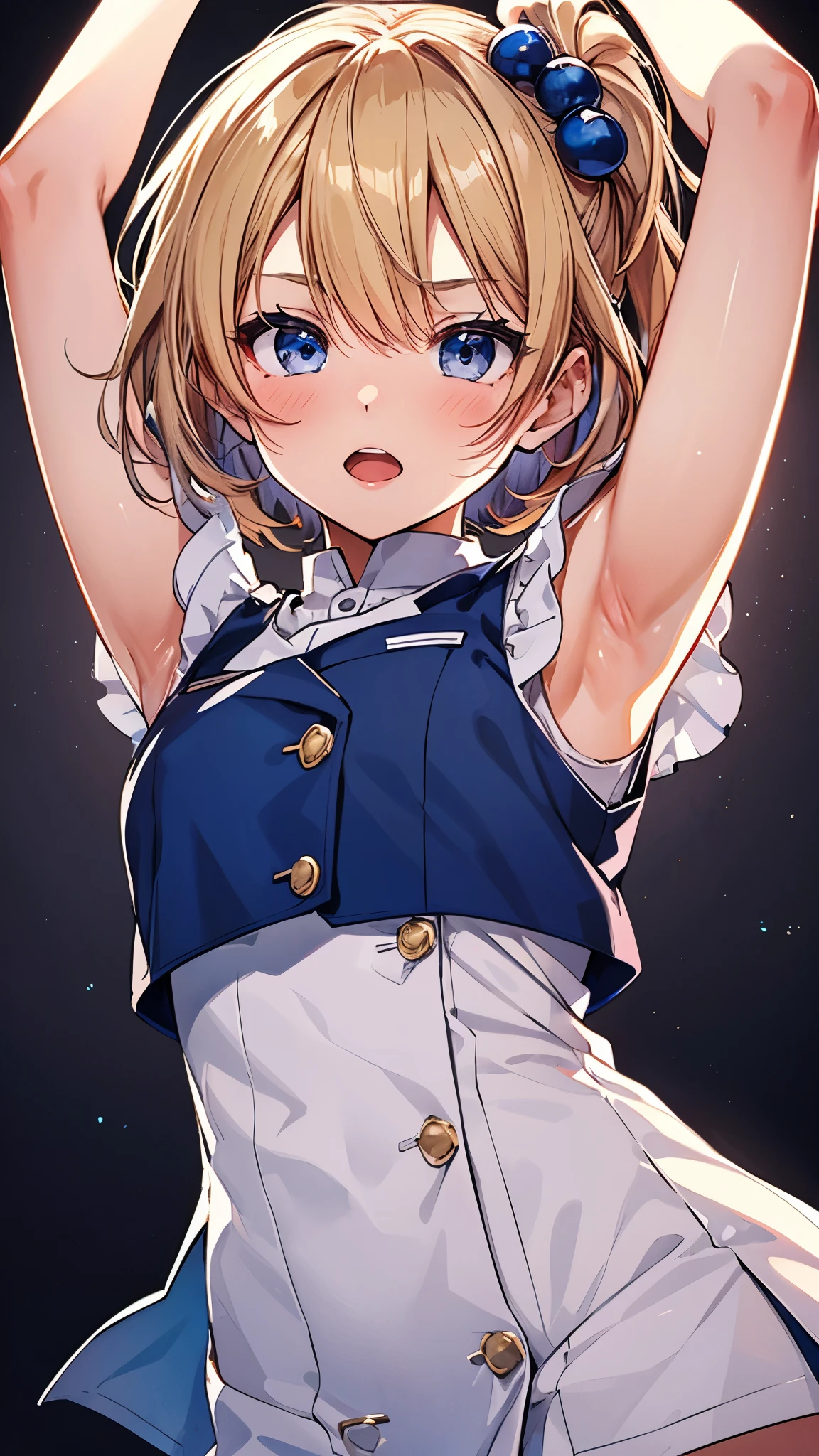 1girl,solo,pulesia,blonde hair,short hair,(blue vest,white dress),(Side pony tail),hair bobbles,(chibi:1.3),boots,(upper body:1.3),open mouth,blush,spread armpit, arms behind head,masterpiece,Noise Reduction,perfect anatomy,high resolution, ultra-detailed, ultra-detailed face,game cg,dutch angle ,beautiful detailed eyes,visualart,five fingers, perfect hands, perfect lighting, 