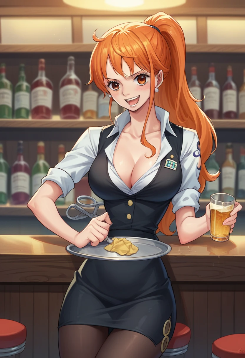 1girl, art by Eiichirio Oda, nami, black bartender uniform, black leggings, in a bar, serving soft drinks, dark ambience, working as a waitress, chest cleavage revialing, ponytail