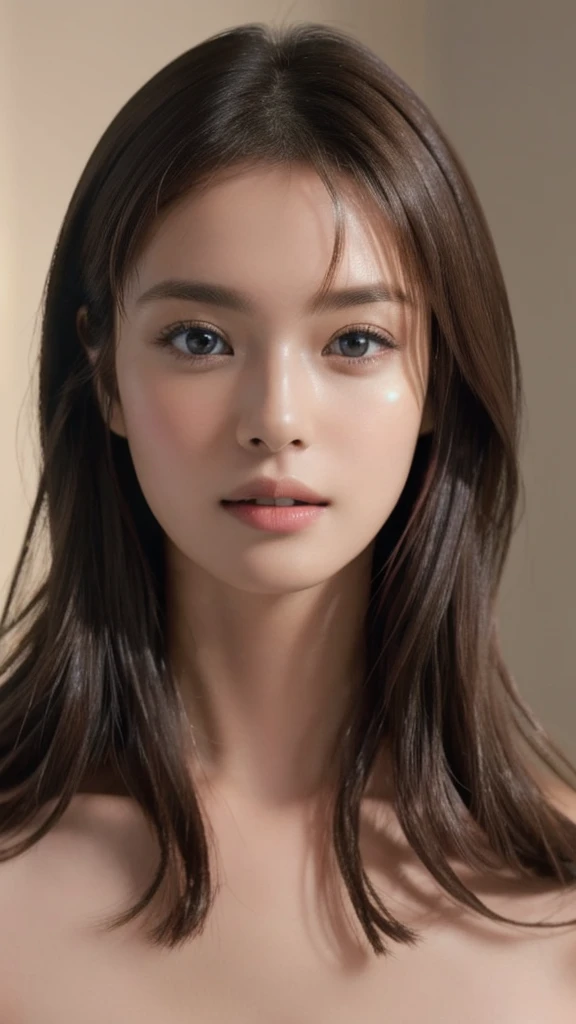 ((highest quality、In 8K、masterpiece、realistic、The whole body from head to foot:1.3))、(Sunlight、sharp focus:1.2)、(beautiful woman perfect body、Completely naked:1.5)、(Double big eyes、long face:1.5)、Front facing、(super big breasts、fitness body:1.2)、straight hair、three-dimensional texture、detailed eye、brown hair、shy smile、very shiny hair、Basement concrete background、hair quality improvement、