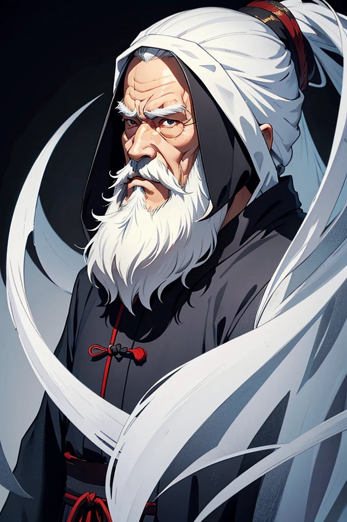 "Full-body image of an elderly Chinese man with a long white beard, wearing a long cloak. His face is lifelike with sharp eyes and a determined look."