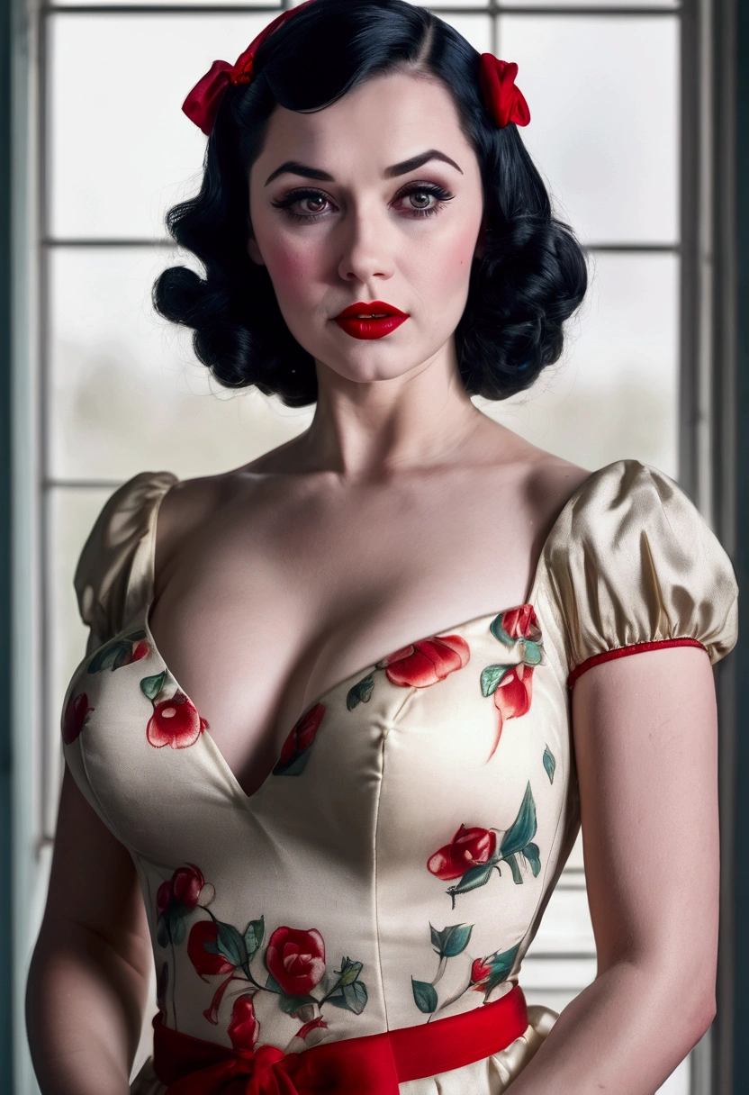 a close up  of a woman in a dress, SEXY snow white,suicide girl. pinup art, portrait of snow white, pinup, pinup girl, girl pinup, pin up, pin up girl, beautiful retro art, pale snow white skin, pin - up, pin-up, pin-up poster girl, pin - up girl, comic pinup style, pinup pose, partial nude, tattooed