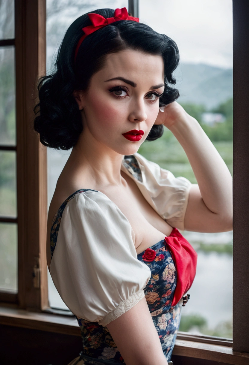 a close up of a woman in a dress, SEXY snow white,suicide girl. pinup art, portrait of snow white, pinup, pinup girl, girl pinup, pin up, pin up girl, beautiful retro art, pale snow white skin, pin - up, pin-up, pin-up poster girl, pin - up girl, comic pinup style, pinup pose, partial nude, tattooed