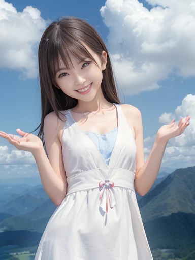 Japanese female, (underweight), (flat chest best quality:1.5), (cheerful grin:1.5),
sky, spread both hands, semi long, (white dress), (in the clouds:1.2), mystical atmosphere, long shot, high angle shot