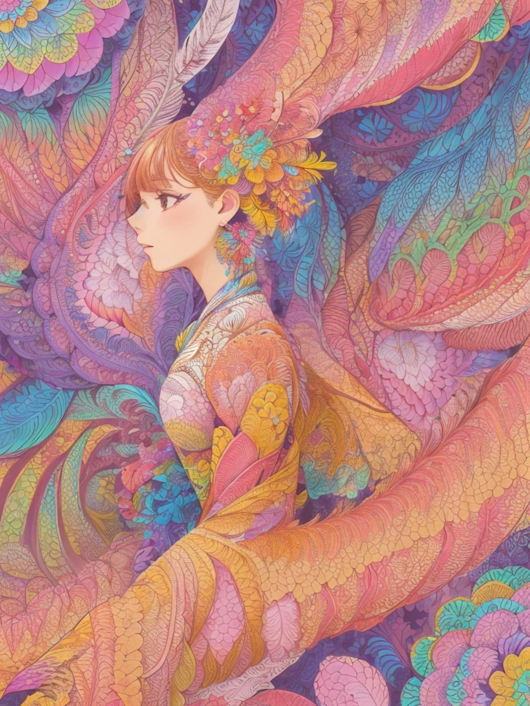 (1girl, solo, from side), extremely detailed, (abstract background, zentangle, fractal art:1.3), (many colors, colorful:1.1), (feathers, petals, flowers:1.3), dynamic pose, earrings 