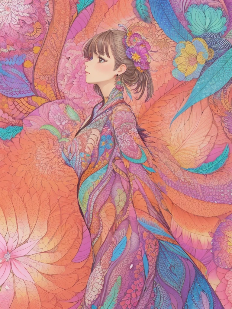 (1girl, solo, from side), extremely detailed, (abstract background, zentangle, fractal art:1.3), (many colors, colorful:1.1), (feathers, petals, flowers:1.3), dynamic pose, earrings