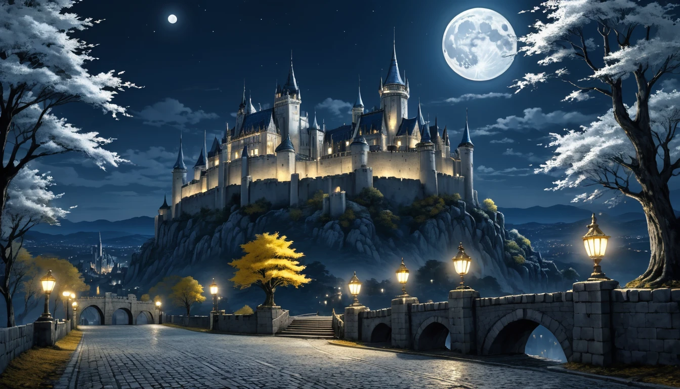  anime aestetics, anime scenery, gigantic blue moon over the castle, capital of ashes, stone roads, tall white stone buildings, beautiful architecture, elden ring capital, night, fullmoon, tall trees with silver leaves, elden ring scenery, gigantic structure, medieval capital, dark fantasy setting, dark night, grey yellow an blue colours, atmospheric perspective, perspective, wide shot, from side, 4K, 8k, highres, best quality, award winning, super detail, accurate, masterpiece, UHD