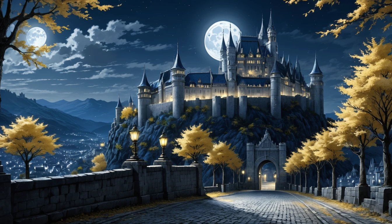 anime aestetics, anime scenery, gigantic blue moon over the castle, capital of ashes, stone roads, tall white stone buildings, beautiful architecture, elden ring capital, night, fullmoon, tall trees with silver leaves, elden ring scenery, gigantic structure, medieval capital, dark fantasy setting, dark night, grey yellow an blue colours, atmospheric perspective, perspective, wide shot, from side, 4K, 8k, highres, best quality, award winning, super detail, accurate, masterpiece, UHD
