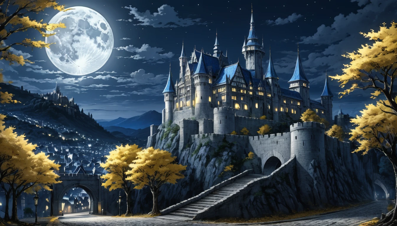  anime aestetics, anime scenery, gigantic blue moon over the castle, capital of ashes, stone roads, tall white stone buildings, beautiful architecture, elden ring capital, night, fullmoon, tall trees with silver leaves, elden ring scenery, gigantic structure, medieval capital, dark fantasy setting, dark night, grey yellow an blue colours, atmospheric perspective, perspective, wide shot, from side, 4K, 8k, highres, best quality, award winning, super detail, accurate, masterpiece, UHD