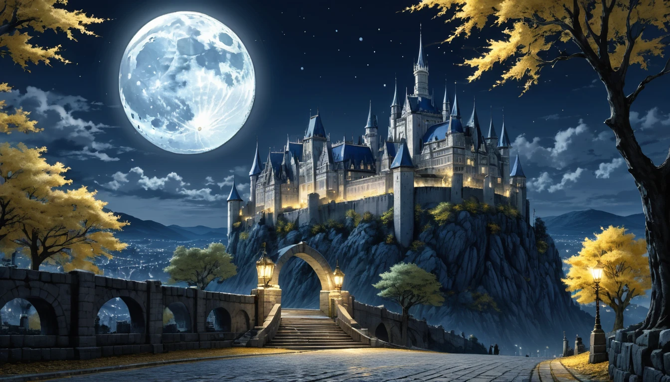 anime aestetics, anime scenery, gigantic blue moon over the castle, capital of ashes, stone roads, tall white stone buildings, beautiful architecture, elden ring capital, night, fullmoon, tall trees with silver leaves, elden ring scenery, gigantic structure, medieval capital, dark fantasy setting, dark night, grey yellow an blue colours, atmospheric perspective, perspective, wide shot, from side, 4K, 8k, highres, best quality, award winning, super detail, accurate, masterpiece, UHD