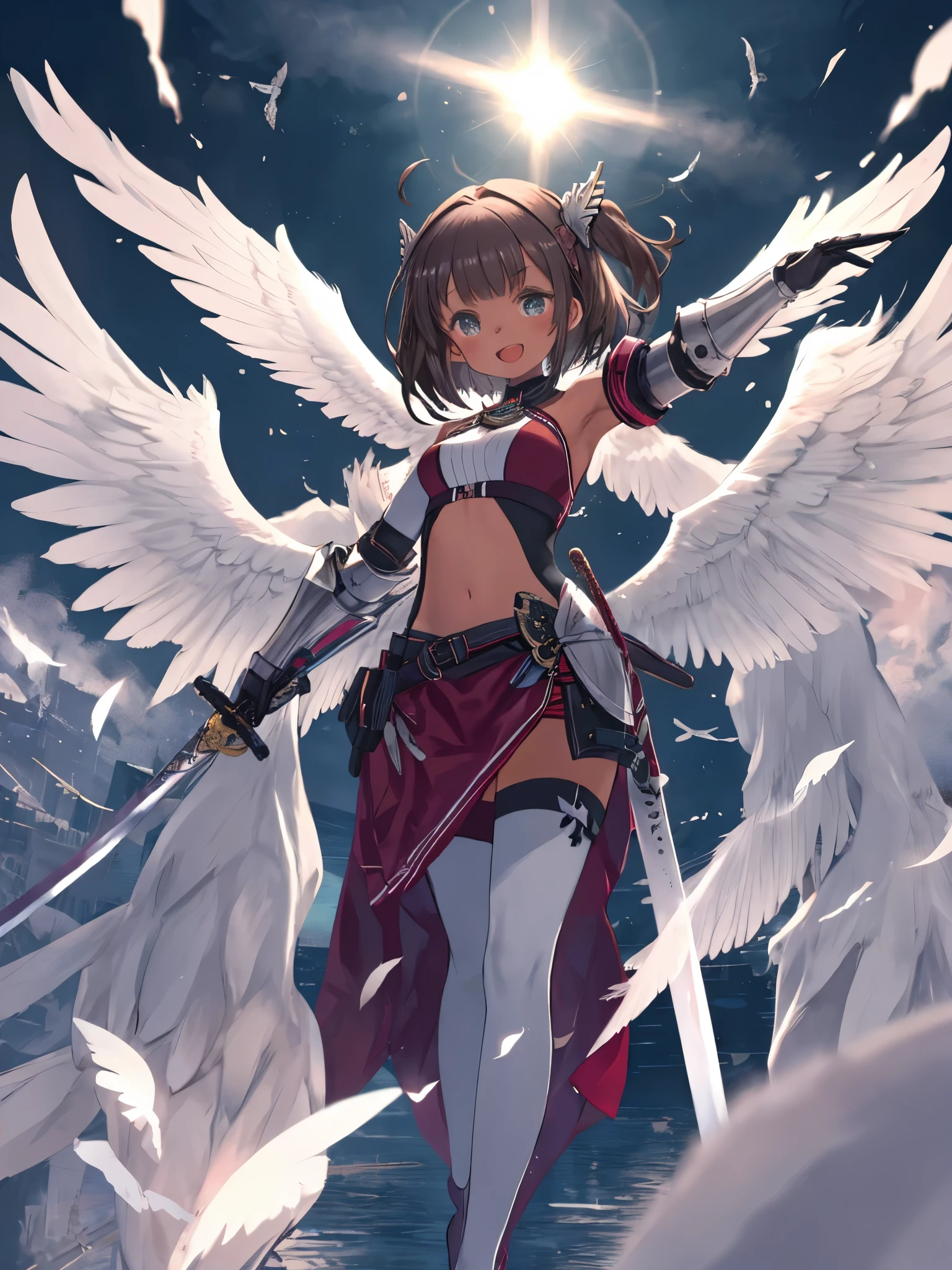 fantasy, 1angel_girl, low_, dark_brown_hair,long_bangs, (dark_skin)+, bare_shoulder, navel out, thighhighs,silver_shiny_armor, white_clothes,waist_armor, Glebe, hold_swords_emits_light, medium_breasts, dynamic_flying_pose,Floating, (1pair_white_wings:1.2),(pelvic_curtain:1.3), silver_Headgear ,looking_down_at_sunset_city_sky_background,,slightly_spread_legs, some_swords_emits_light,some_swords_emits_light_floating_around_the_girl,solo,glare_halo,laugh ,smile,open_mouth,open_legs,open_arms,rise_knee,rise_leg,rise_thigh,rise_leg,forward_leaning_posture,apart_legs,