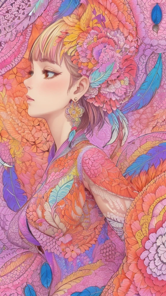 (1girl, solo, from side), extremely detailed, (abstract background, zentangle, fractal art:1.3), (many colors, colorful:1.1), (feathers, petals, flowers:1.3), dynamic pose, earrings