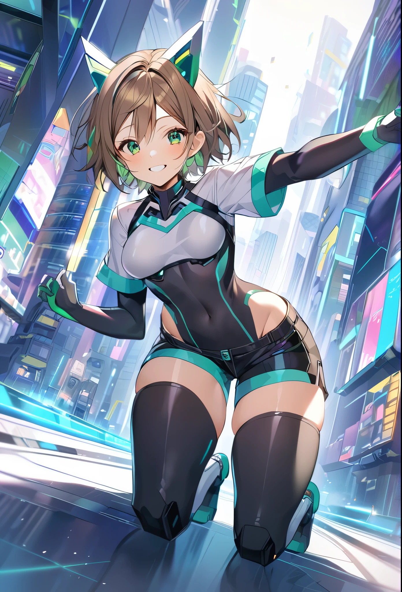 1teen_girl, kneeling with one hands on the ground solo, short hair, brown hair, short sleeves, (latex_bodysuit), robot ears, green eyes, short sleeves, short over long sleeves, bare_thighs,smile, in futuristic city, , high quality, medium_breasts,crotch, slouch,groin,dynamic_angle,open_legs,
