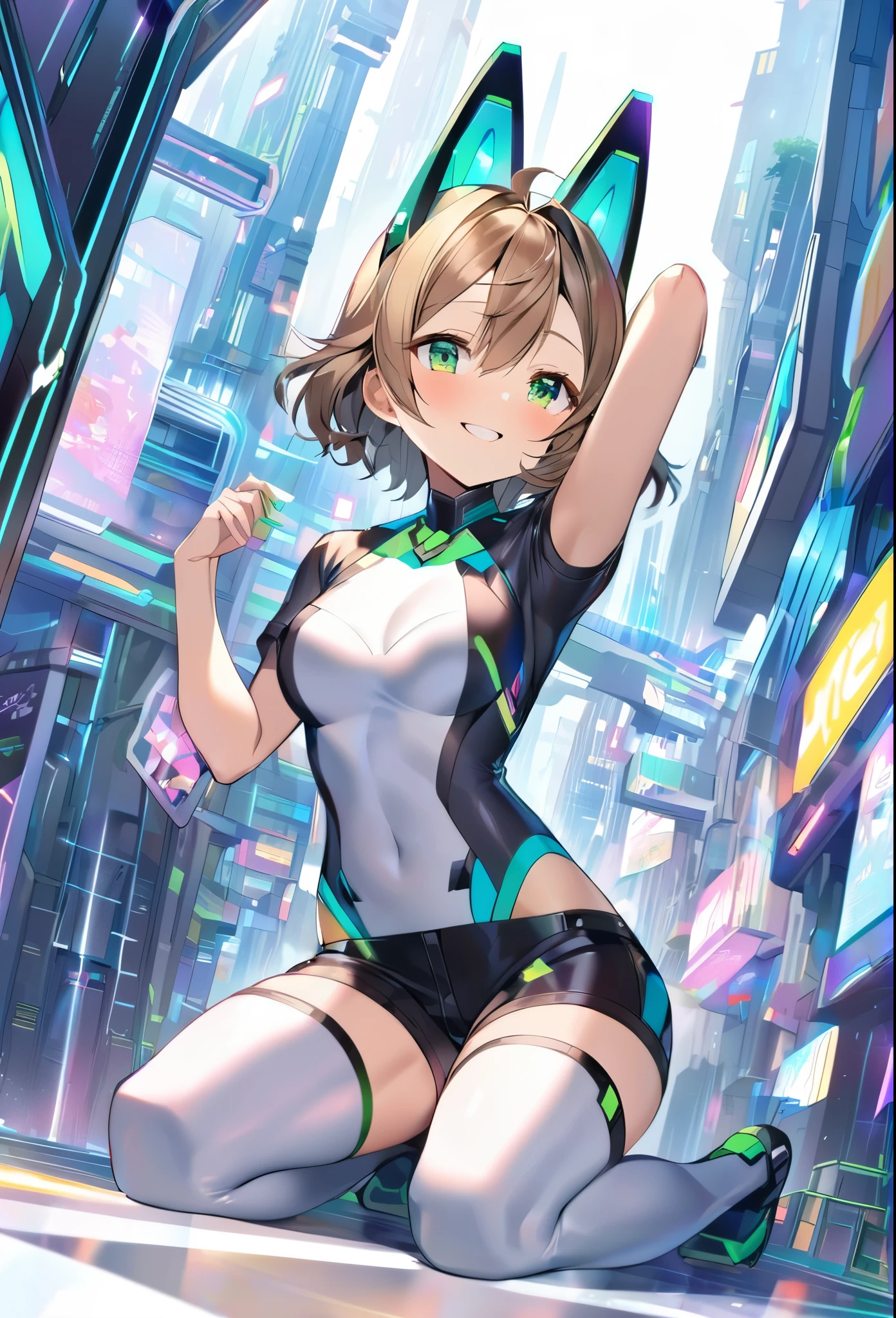 aile_megamanzx, kneeling with one hand on the ground and the other arm raised, 1girl, solo, short hair, brown hair, short sleeves, (bodysuit), robot ears, green eyes, (very_short_shorts:1.3), short sleeves, short over long sleeves, smile, in futuristic city, , high quality, medium_breasts,crotch, slouch,groin,dynamic_angle