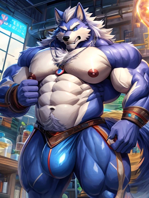 A wolf with a detailed six-pack, wild and fierce wolf、Animal white fur body、Shaggy body hair、Shiny silver mane、Disheveled hair all over the body、Pointed wolf ears、very short legs、A thick blue hose in the mouth、A very thick blue hose、Very long hose、Big blue anime eyes. hands on nipples, Ckmorls sexy chest belt, Extremely large and developed muscles and abnormally large pectoral muscles、Beautiful abnormally developed abdominal muscles, full body muscles like a bodybuilder、Topless, A body that fills the screen、1book tail、Very displeased look、Looking very angry、White Breath、vapour、Grinding your teeth, pubic hair, or chest hair、Lots of hair on the belly button、Lots of hair on the belly、Very thick hair all over the body、Looking diagonally from top to bottom、とても狭くて汚れたlaboratory background、laboratory background、standing straight pose、standing posture、Diagonal angle of the landscape、dirty thong、big penis, Huge bulge in the groin, hands on chest, hand pressing breasts, a large jet of milk coming out of the nipples, male lactation, 4K