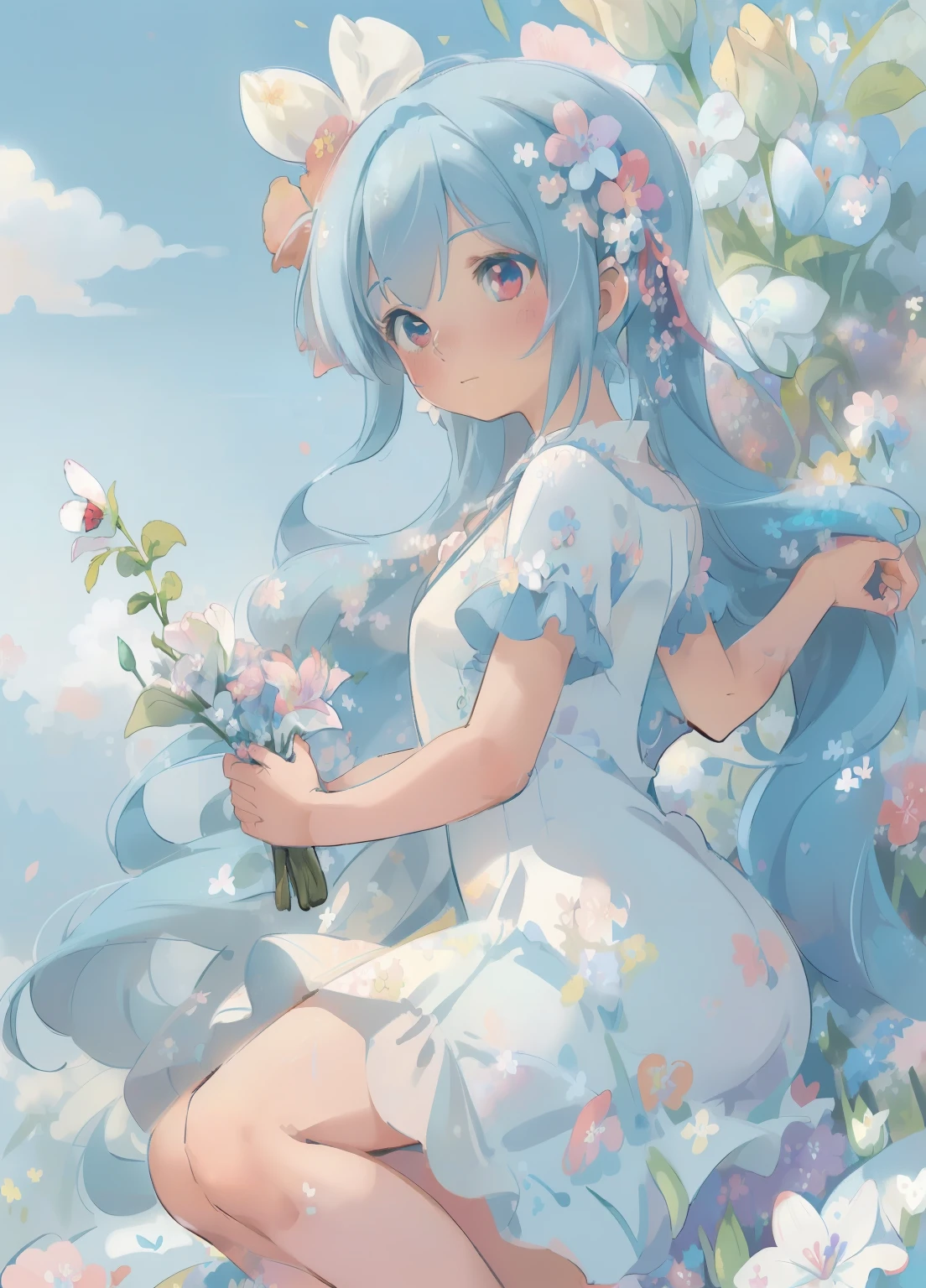 (masterpiece、Highest quality、Highest quality、Official Art、美しくbeautiful:1.2)、(One girl:1.3)Hatsune Miku、Twin tails,Beautiful breasts, Katsushika Hokusai, ((Highest quality)),((masterpiece)),((Very detailed)),(figure),(Detailed light),(an extremely delicate and beautiful),((trim)),Unbelievably_Absurd,(Ray Tracing),(reflected light),((Movie Posters)),(sign:1.3),(English text:1.3),break (8k:1.3),wallpaper,One girl,(Girl in the middle of flowers:1.4),(Pure sky blue hair, Red eyes:1.5),sunny,outside,Very detailed,Highest quality,Superior quality,masterpiece,beautiful,cute,Sit on the ground,(Ridiculously long hair, Clear boundaries of fabric:1.4),(Pure white dress, Pure white silk:1.5),(Flower ground, A Thousand Flowers, Colorful flowers, Flowers around her, Various flowers:1.51),young,amazing,Charm,Sundress,Nice views,Pure white shoes,Glossy old advertising poster, Vintage Posters, Poster Vintage, Retro Posters, enoch bolles, 1940s propaganda posters, Joseph Brant, inspired by Art Frahm, beautifulレトロアート, art deco poster, Vintage Posters style, Hidden Ads
