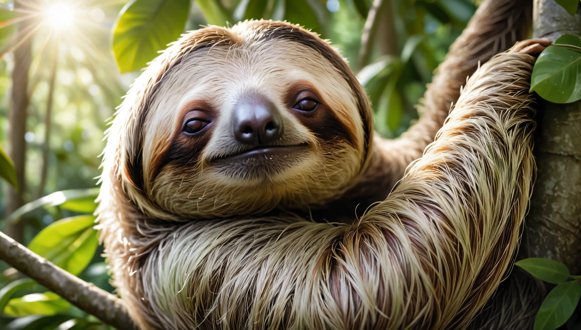 a sloth on a tree, cute sloth, adorable sloth, sloth relaxing on tree branch, sloth sleeping on tree, sleepy sloth, detailed sloth face, high quality sloth portrait, realistic sloth digital art, detailed fur texture, lush green foliage, sunlit forest background, natural lighting, vibrant colors, soft focus, detailed background, photorealistic, 8k, (best quality,4k,8k,highres,masterpiece:1.2),ultra-detailed,(realistic,photorealistic,photo-realistic:1.37)