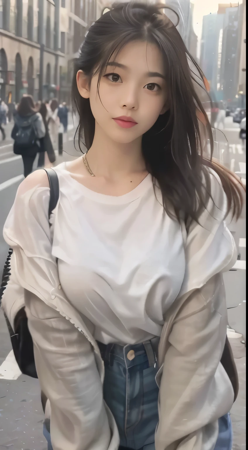 best quality,Masterpiece,8K ultra-high resolution,(realistic:1.2),raw photo,(Evening Street),1 huge tits,black eye,looking at viewer,white long hair,light makeup,chapped lips,Small ears,white t shirt,Denim shorts,귀Nipple Ring,let me ride a ferrari,biggest,slim