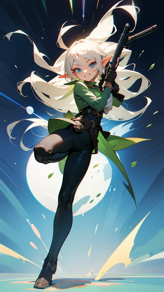 Elf girl holding a gun、Are standing、whole body、Cheerful pose、I raised one leg、Long Hair