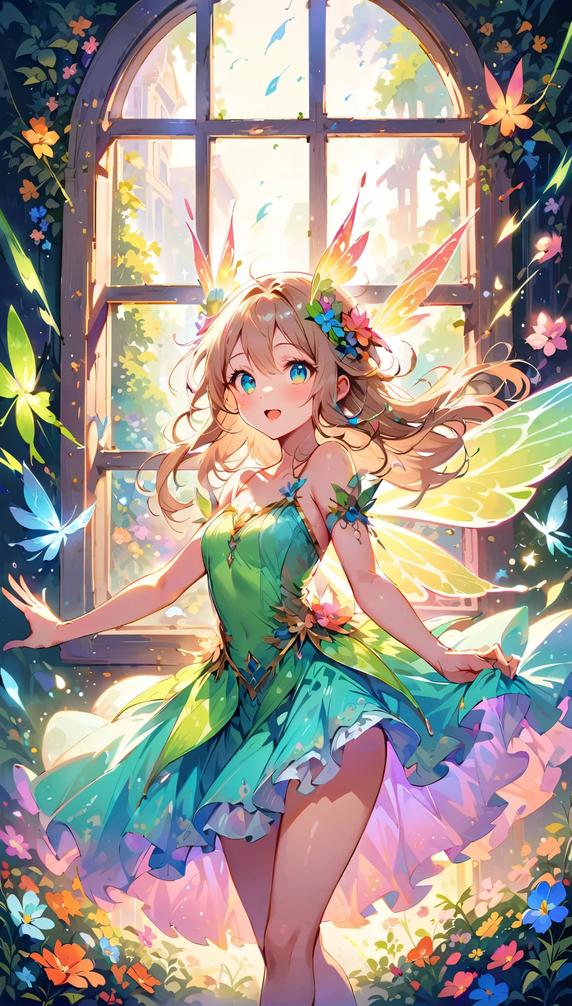 Dancing Fairies, ((Strange creatures outside your window, Focus on dancing fairies and flowers:1.2)), Beautiful detailed eyes, Beautiful detailed lips, Highly detailed faces and features, Long eyelashes, Shiny fairy wings, fairy dance:1.4, Dance Motion, ((A window to another world, Only the outside of the window connects to another world)), A safe space, A one-way window connecting the world, Powerful strokes, Excited state, strength, Impact, energy,