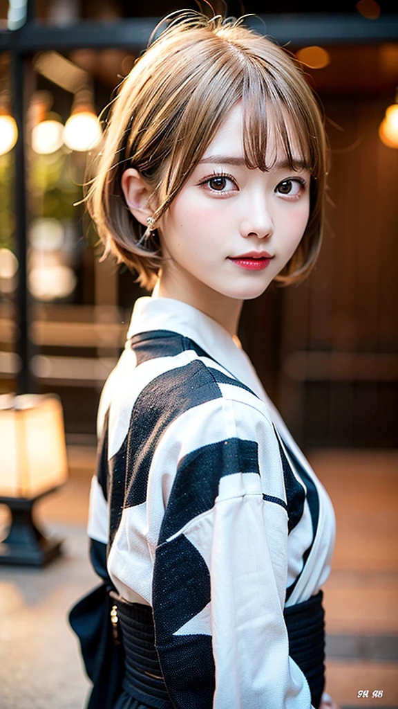 (8k, RAW Photos:1.2), Detailed face and eyes,最high quality, Ultra-high resolution, Very detailed ,Intricate details ,Tabletop ,pretty girl , Soft cinematic light, Hyper Detail,Sharp focus, high quality, Blonde, Bobcut, yukata