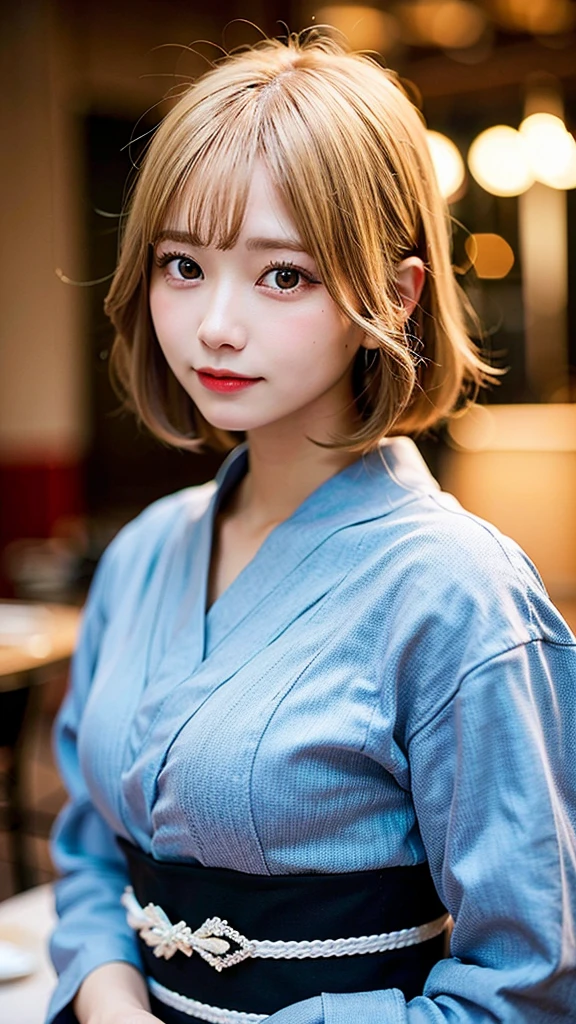 (8k, RAW Photos:1.2), Detailed face and eyes,最high quality, Ultra-high resolution, Very detailed ,Intricate details ,Tabletop ,pretty girl , Soft cinematic light, Hyper Detail,Sharp focus, high quality, Blonde, Bobcut, yukata