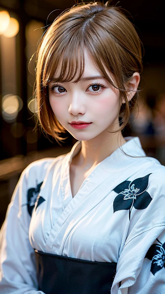 (8k, RAW Photos:1.2), Detailed face and eyes,最high quality, Ultra-high resolution, Very detailed ,Intricate details ,Tabletop ,pretty girl , Soft cinematic light, Hyper Detail,Sharp focus, high quality, Blonde, Bobcut, yukata