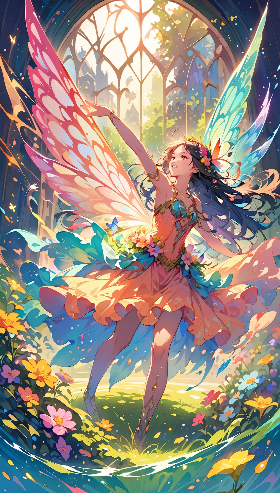 Dancing Fairies, ((Strange creatures outside your window, Focus on dancing fairies and flowers:1.2)), Beautiful detailed eyes, Beautiful detailed lips, Highly detailed faces and features, Long eyelashes, Shiny fairy wings, fairy dance:1.4, Dance Motion, ((A window to another world, Only the outside of the window connects to another world)), A safe space, A one-way window connecting the world, Powerful strokes, Excited state, strength, Impact, energy,