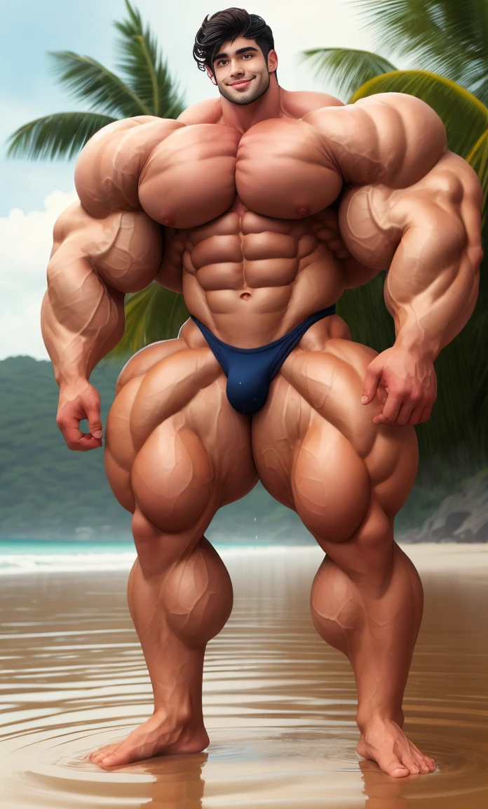 4 meter tall young man with a goatee and long curly black hair. 20 years old. Young face. Standing relaxed in a tropical beach. Huge and wide Muscular body, Wearing a small black thong. Big ass. Pale skin. Smooth body and face. Long long legs. barefoot, small smile, big bulge in thong, show abs, wide huge shoulders, very tall. high detail face. show full height, full body view, same hight point of view. show full height from toe to head. Wet body. Huge protruding female and huge swollen nipples, thick neck, long body, long torso, long legs, fat ass, huge bubble butt, ten pack abs, soft muscles, realistic, body covered in droplets of water, front view 