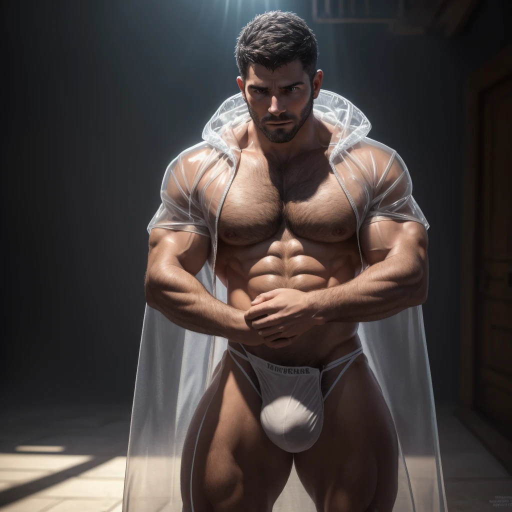 Close-up of a man under the scorching The sun is very bright, 30-year-old male, Chris Redfield, cinematic realistic portrait of a man, Unreal Engine character art, shirtless, wearing a cloak style, ((transparent raincoat)), ((raincoat fully transparent)), (breast visible) , (waist seen), (thong seen), (muscular man showing off his physique) male focus, solo focus, muscular, burly, hairy, male, (thong)((big bulge)), (very bulging (protruding crotch)), (very protruding crotch), naked breasts, (chest hair), body and pubic hair, (navel exposed), (in a hugging state), (transparent hands), (hugging himself), (Longing Eyes), (Eyes Looking at the Viewer), (He raised his hands high)、(Looking down at the ground)，Cinematic Body Shots, 3D Character Reality, Hyperrealistic 8k Concept Art, 8k Portrait Rendering, Hyperrealistic Style, Hyperrealistic Lighting, Realistic Skin Shaders, Masterpieces, Most Best Quality, High Resolution, (Black and Gray Hair) Stunning Composition, Front View, HDR, Volumetric Lighting, Ultra Quality, Elegant, High Detail, PSD, Sharp Focus, High Resolution 8K, Realistic Professional Photography, 8K UHD, Soft Light, High Quality, Fujifilm RAW Photo, Best Quality, Masterpiece: 1.2), (Vivid, Lifelike: 1.37)， (Detailed face:1.3), Dynamic Angle, dramatic pose, voluminetric lighting, (Best quality, A high resolution, Photorealistic), Cinematic lighting, Masterpiece, RAW photo, Intricate details, hdr,