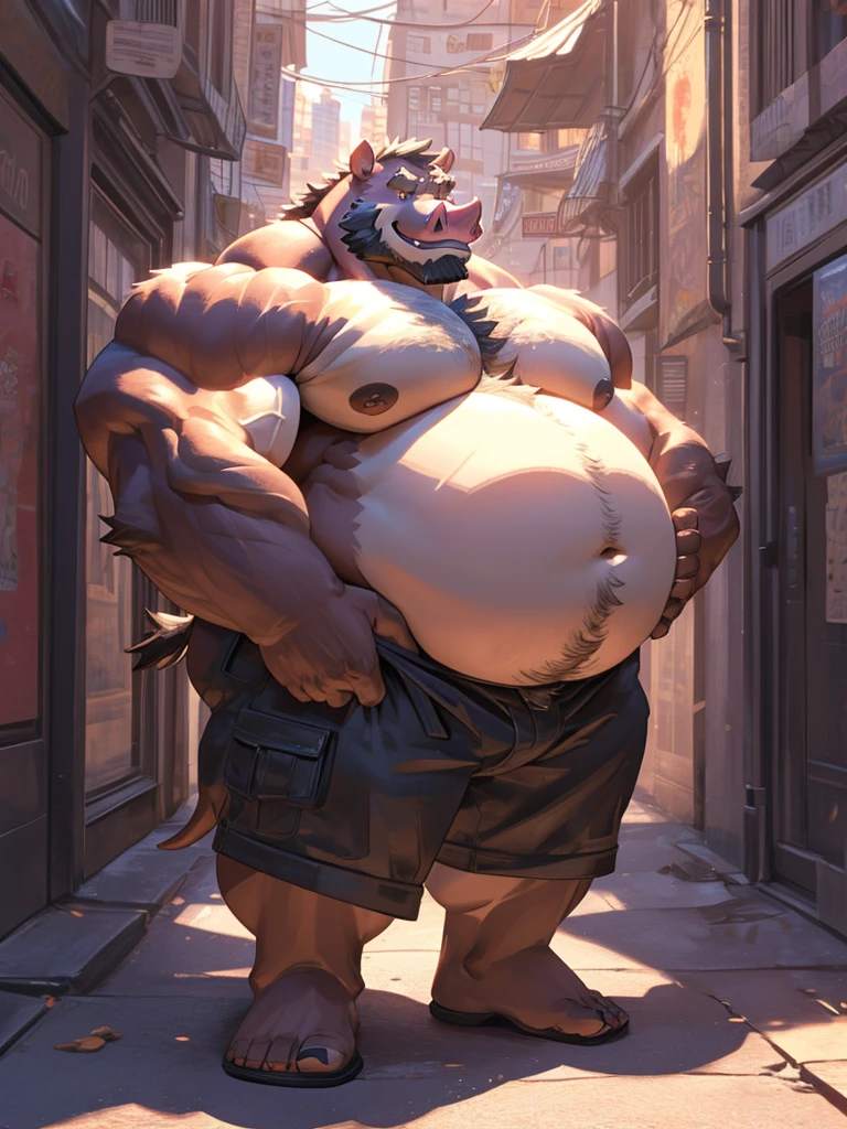1boy, 1man, solo, (furry boar, hog), (topless, hippo), well-muscled old man, bearded, 90s city. ((chubby, fat belly, huge belly, massive belly, extremely huge muscular, massive muscular, extremely muscle size, super thick arms, huge pec, hyper pec, bigger chest, extremely wide pectoral , huge arms)), wide smiling. Add textures and details to make the image more realistic, such as the appearance of the. Make sure the resulting image is high resolution, 8K quality