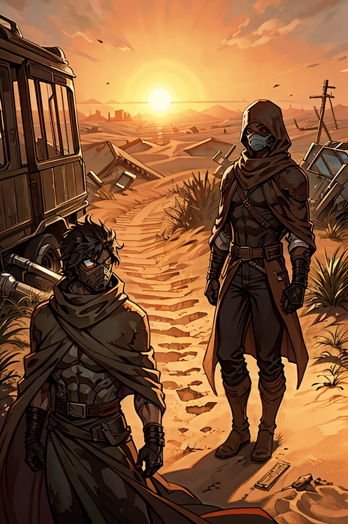 A human runner draped in a camouflaged cloak, their breathing mask glowing faintly as they navigate a sun-bleached wasteland. The runner stands next to a rusted, half-buried vehicle, its broken windows and corroded metal giving way to the relentless desert sands. The ruins of a once-thriving city stretch out in the background, half-swallowed by the encroaching dunes.