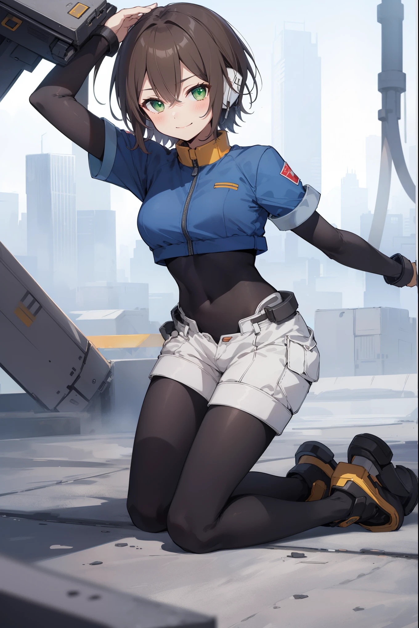 aile_megamanzx, kneeling with one hand on the ground and the other arm raised, 1girl, solo, short hair, brown hair, short sleeves, (bodysuit), robot ears, green eyes, very_short_shorts, short sleeves, short over long sleeves, smile, in futuristic city, , high quality, medium_breasts,crotch, slouch,groin