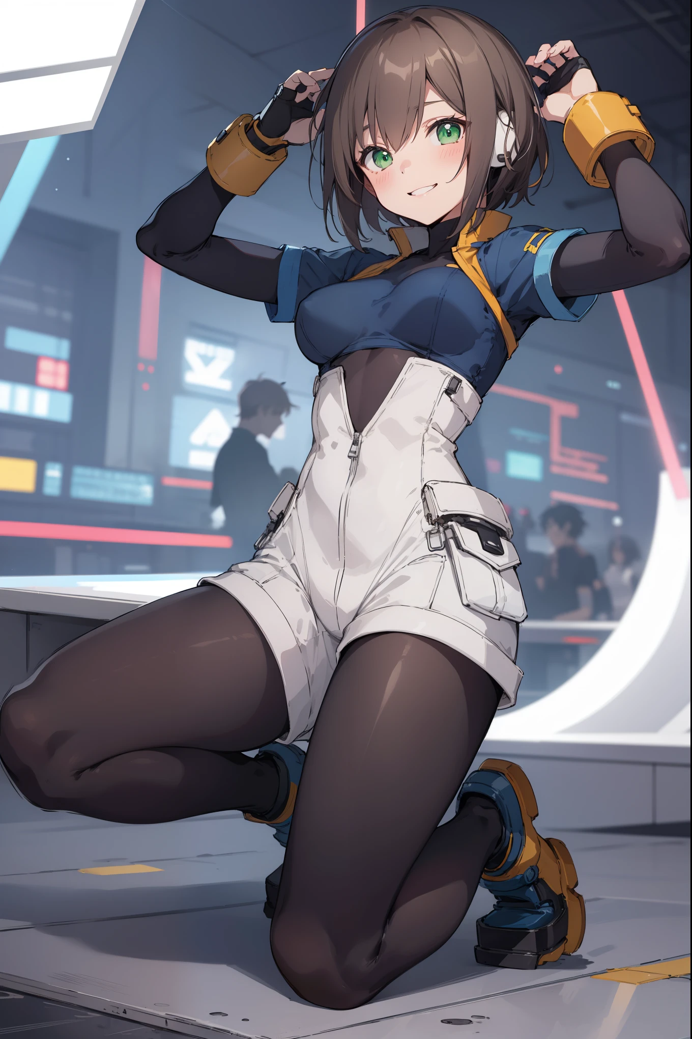 aile_megamanzx, kneeling with one hand on the ground and the other arm raised, 1girl, solo, short hair, brown hair, short sleeves, (bodysuit), robot ears, green eyes, very_short_shorts, short sleeves, short over long sleeves, smile, in futuristic city, , high quality, medium_breasts,crotch, slouch,groin