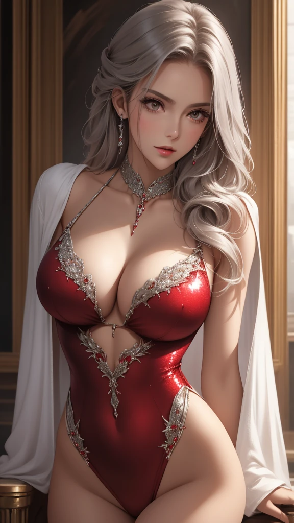 Closeup, Best quality, masterpiece, realistic, Beautiful sexy cool tall, slim, fit woman, wearing fancy silver-red sequin  leotard, intricate and highly detailed, cleavage, long silver hair, body chain, jewelry