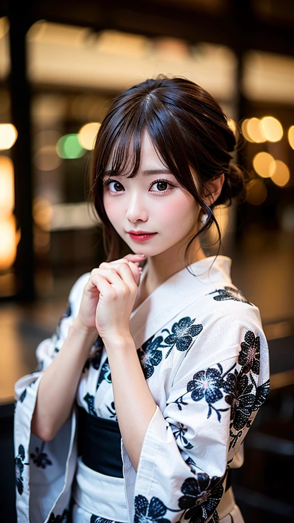 (8k, RAW Photos:1.2), Detailed face and eyes,最high quality, Ultra-high resolution, Very detailed ,Intricate details ,Tabletop ,pretty girl , Soft cinematic light, Hyper Detail,Sharp focus, high quality, Black Hair, Bobcut, yukata