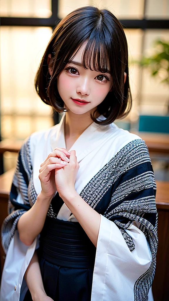 (8k, RAW Photos:1.2), Detailed face and eyes,最high quality, Ultra-high resolution, Very detailed ,Intricate details ,Tabletop ,pretty girl , Soft cinematic light, Hyper Detail,Sharp focus, high quality, Black Hair, Bobcut, yukata