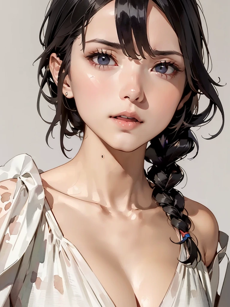 {(masterpiece,best quality, 8K UHD, extremely detailed CG, detailed beautiful face and eyes and skin and hair),(beautiful like picture:1.1)},{plain background:1.4},BREAK,{(watercolor image:1.2),sketch,bright colors overall,gentle color},{Simple configuration:1.1},{erotic face,anguish,(painful:1.1),(very very ecstasy:1.2),(writhing:1.4),embarrassing}, BREAK,{solo girl,black hair,braid hair intricately,black glowing eyes},{yukata,(open clothes:1.2)},(Show shoulders:1.4),profile}