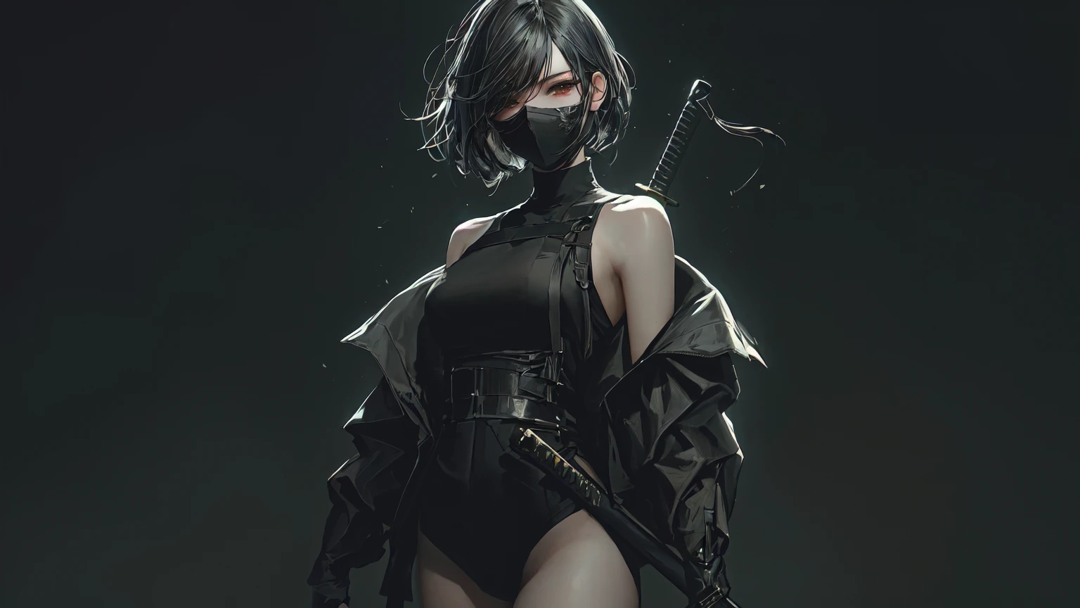 anime girl in black outfit with sword and mask on dark background, badass anime 8 k, guweiz on artstation pixiv, artwork in the style of guweiz, fanart best artstation, guweiz on pixiv artstation, best anime 4k konachan wallpaper, by Yang J, artgerm and atey ghailan